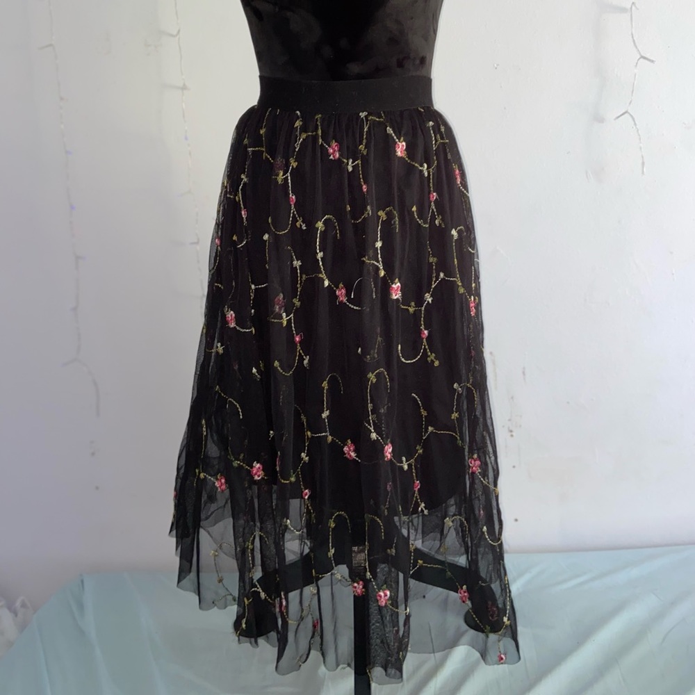 Sheer Tulle Floral Embroidered Tea Length Skirt